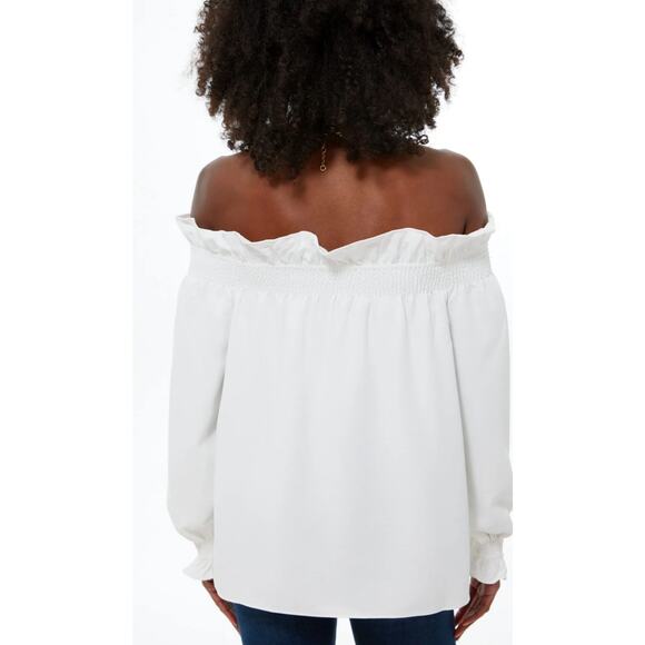 Tuckernuck Sky Blue‎ Ruffled Off-The-Shoulder Marguerite Blouse Size Small - Picture 7 of 10